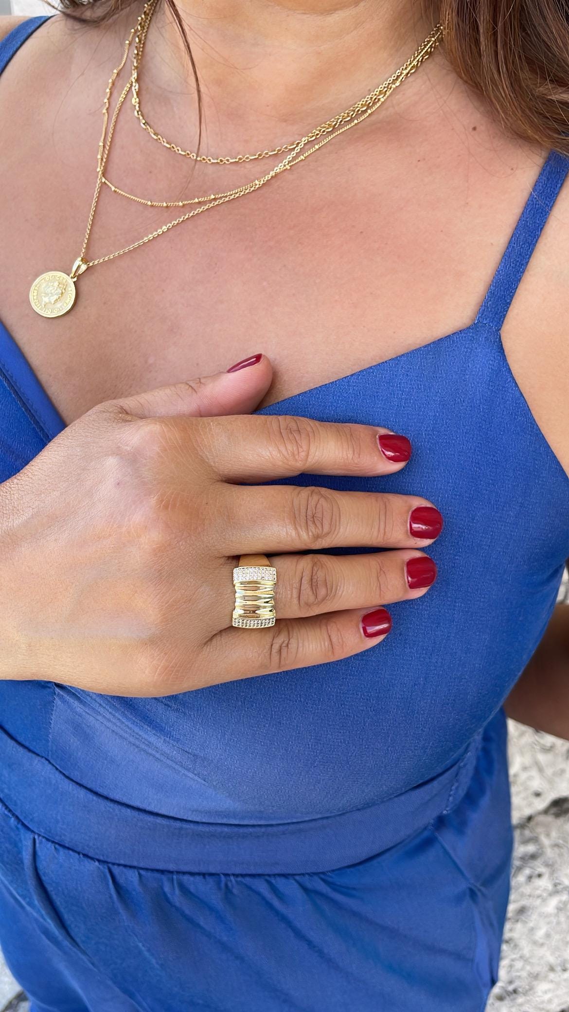 18k Gold Filled Adjustable Ring with Rowed Pattern and Round Pave CZ