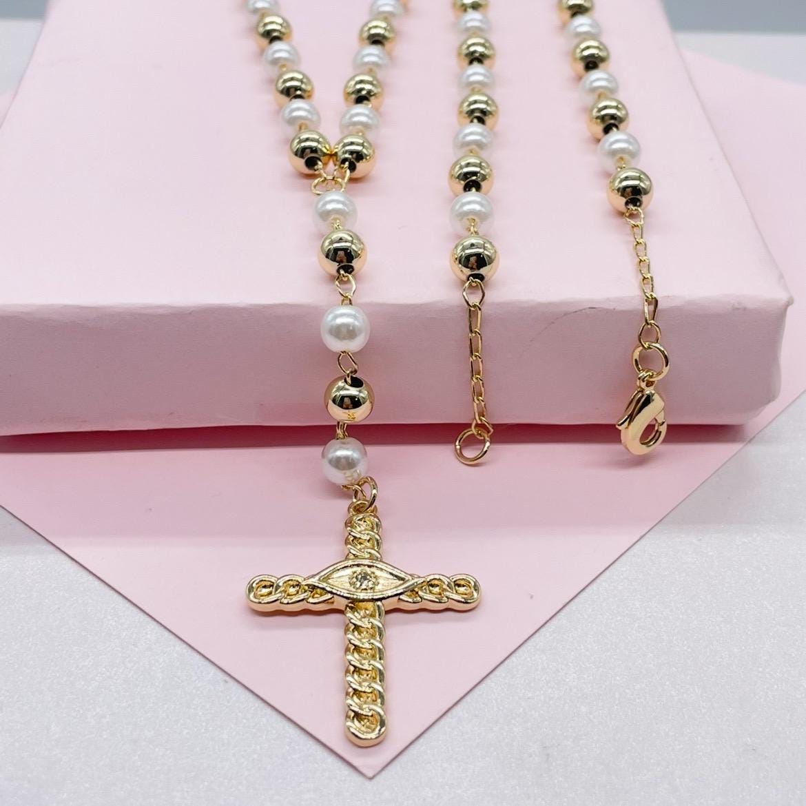 18k Gold Filled Long Pearl Beaded Rosary Chain with Pave Eye Cross