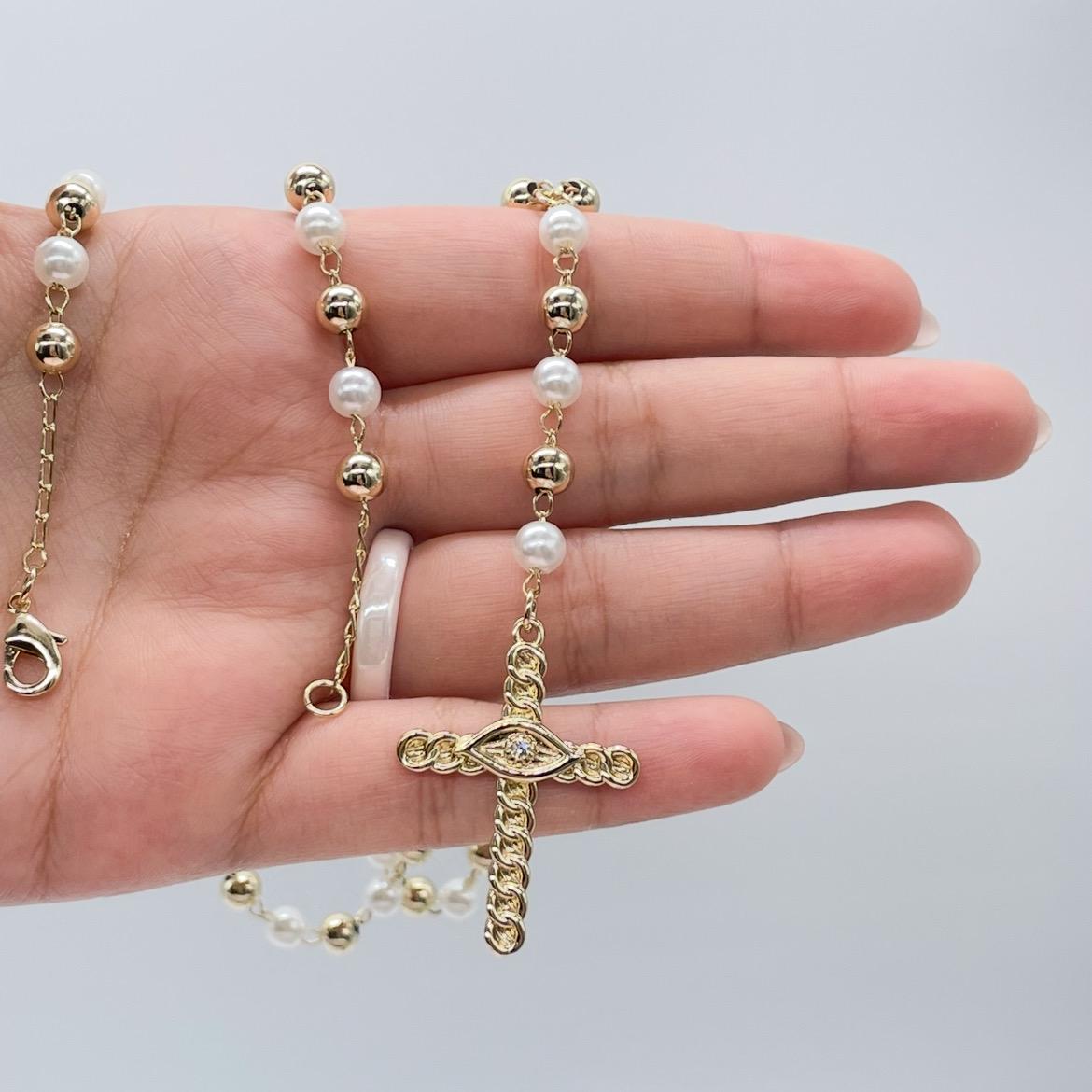 18k Gold Filled Long Pearl Beaded Rosary Chain with Pave Eye Cross
