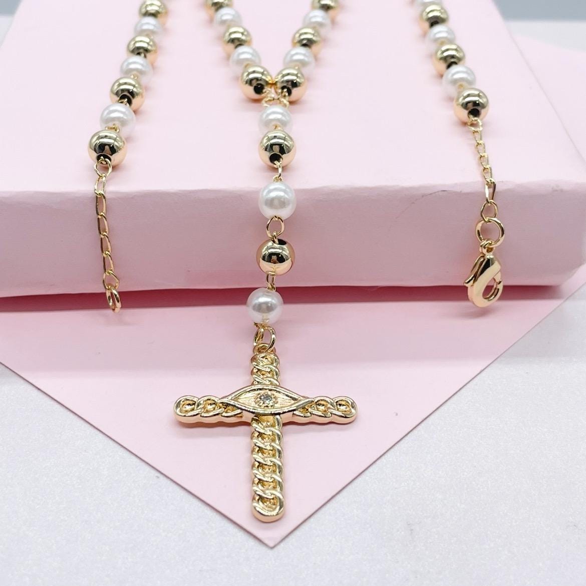 18k Gold Filled Long Pearl Beaded Rosary Chain with Pave Eye Cross