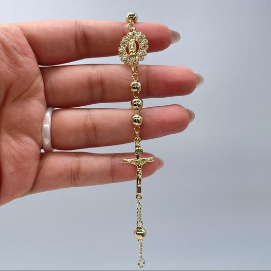 18k Gold Filled Rosary Bracelet: Virgin Mary, Jesus Crucifix, CZ Medal