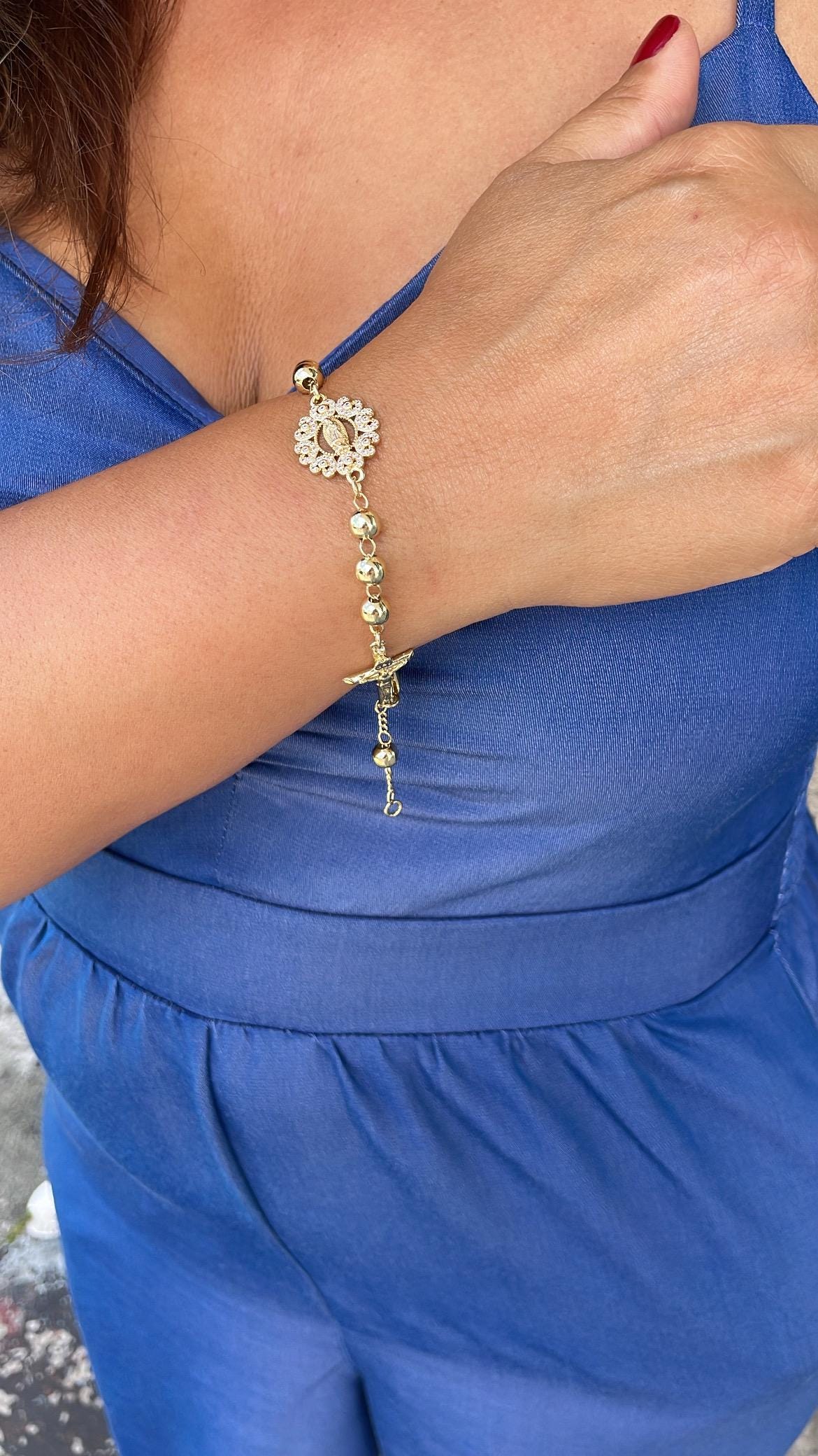 18k Gold Filled Rosary Bracelet: Virgin Mary, Jesus Crucifix, CZ Medal