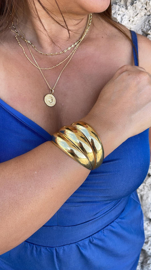 18k Gold Filled Plain Triple Row Cuff Bracelet, Hollowed, Trending Now