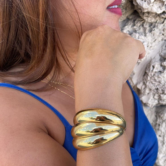 18k Gold Filled Plain Triple Row Cuff Bracelet, Hollowed, Trending Now