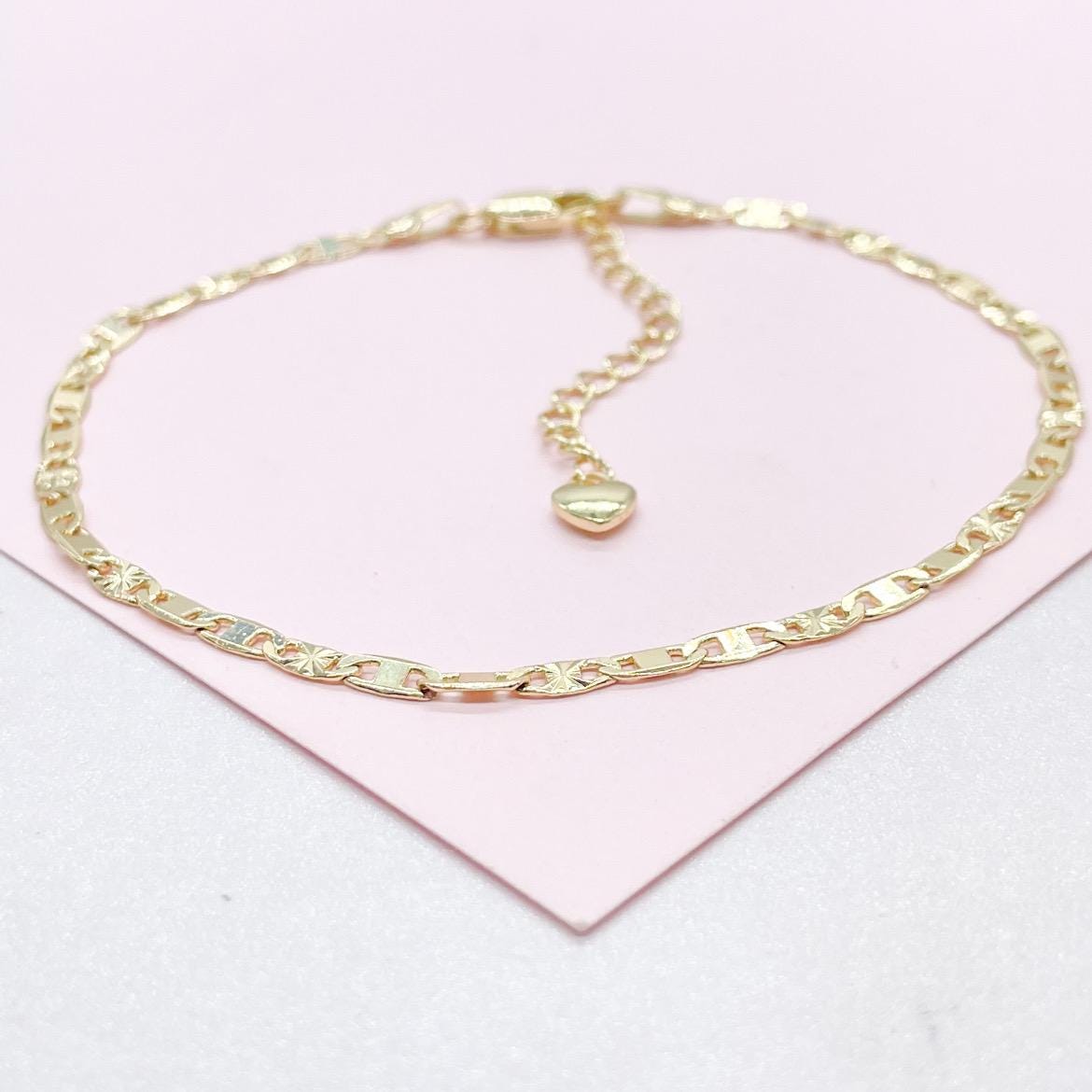 18k Gold Filled 3mm Mariner Link Anklet featuring Starburst Design