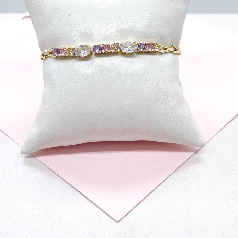 18k Gold Filled 4mm Spear Link Bracelet with Pastel and White CZ Stoned