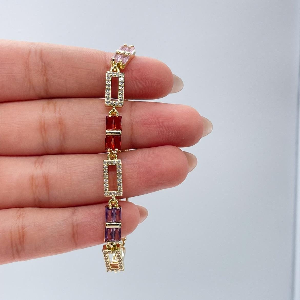 18k Gold Filled Rectangle Link Bracelet with Colorful Beveled Baguette CZ