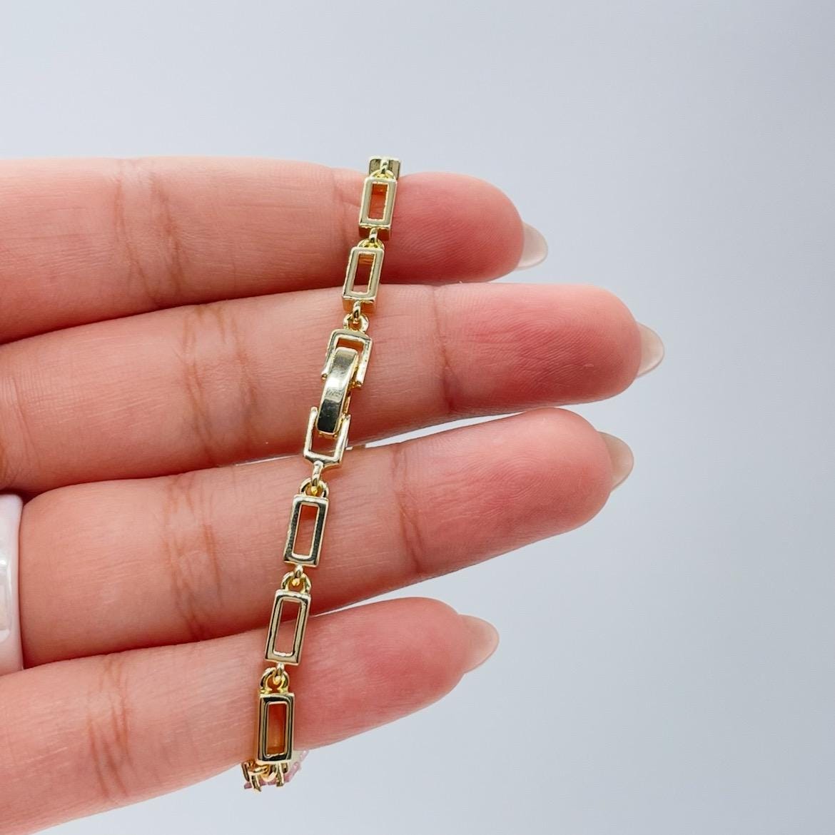 18k Gold Filled Rectangle Link Bracelet with Colorful Beveled Baguette CZ