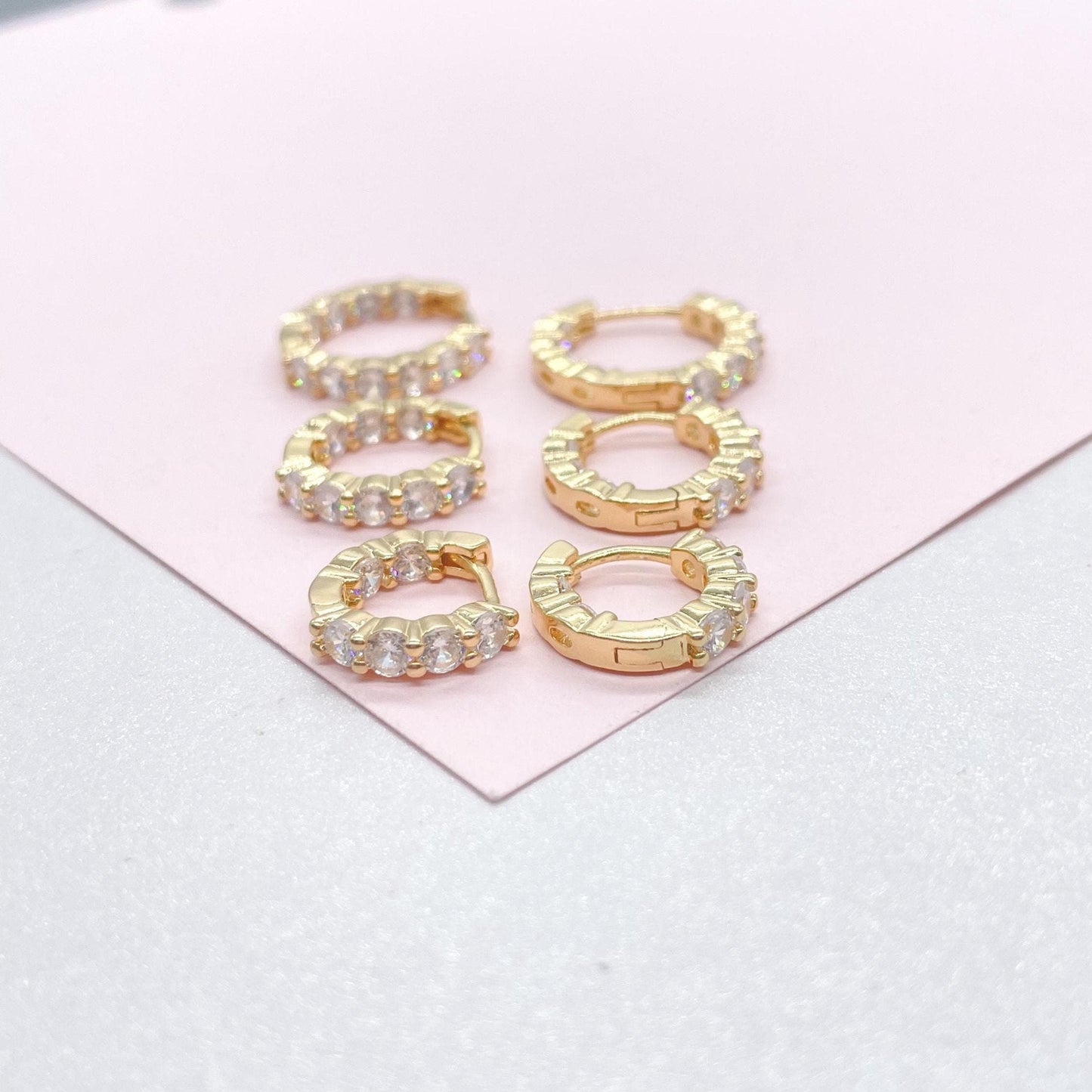 18k Gold Filled Set of Round Stone Hoop Earrings