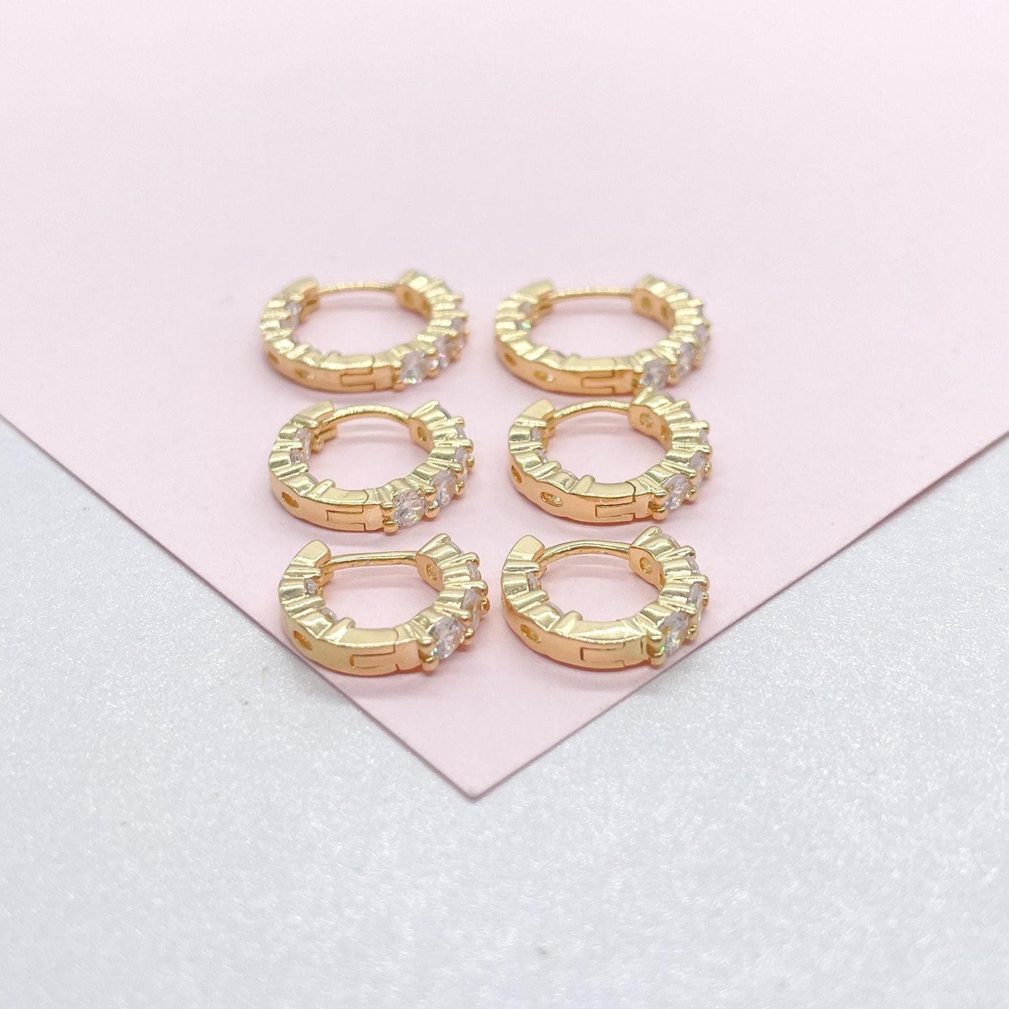 18k Gold Filled Set of Round Stone Hoop Earrings