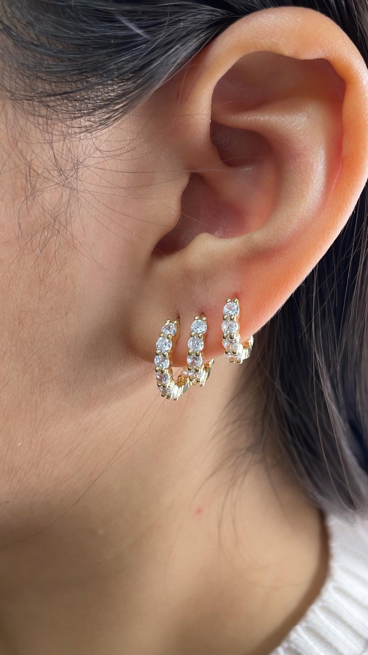 18k Gold Filled Set of Round Stone Hoop Earrings