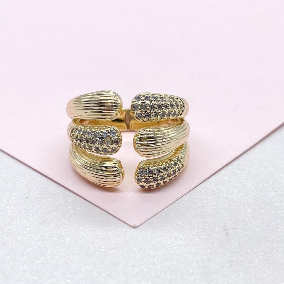 18k Gold Filled Thick Dual Ended Ring with Patterns and CZ Pave