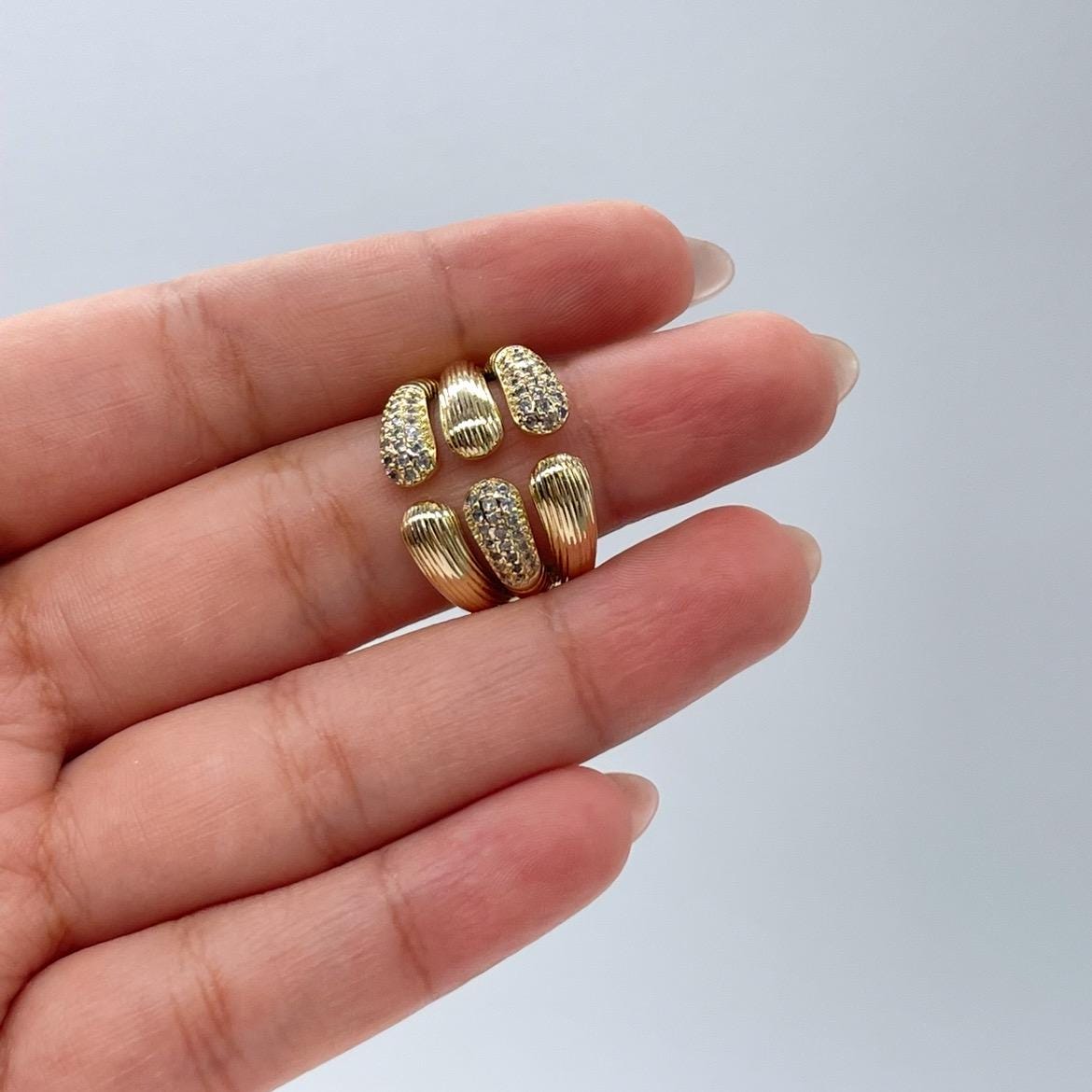 18k Gold Filled Thick Dual Ended Ring with Patterns and CZ Pave