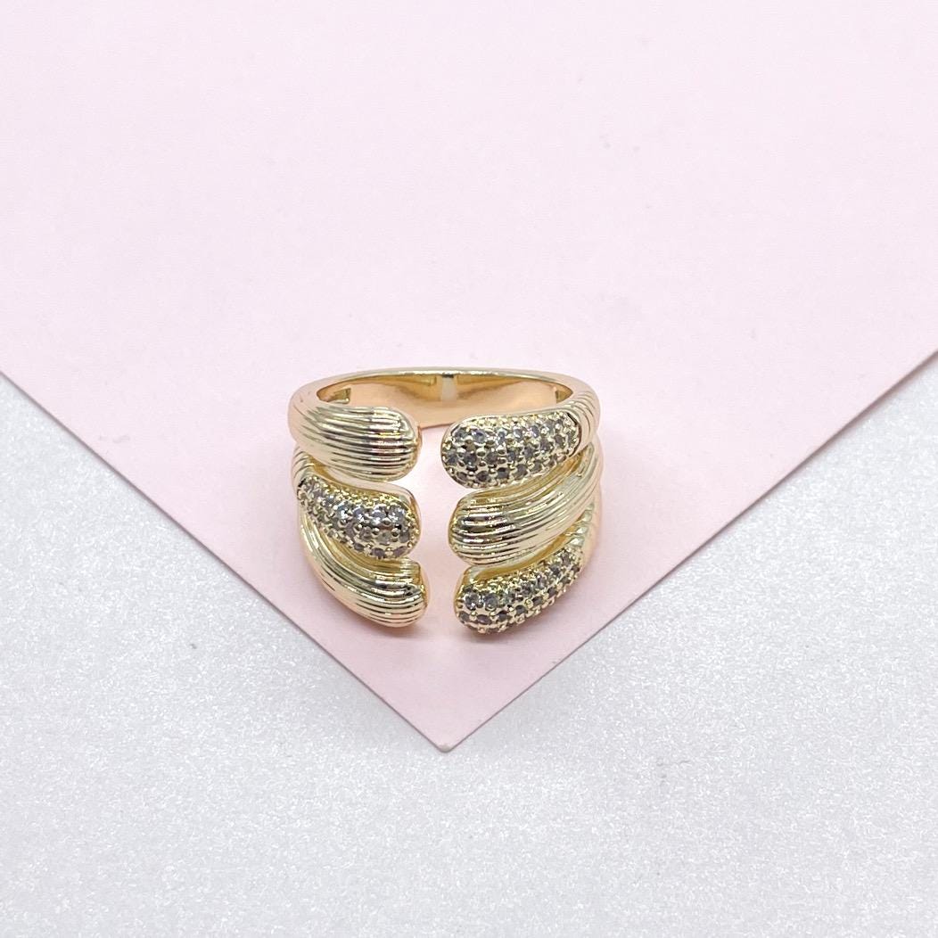18k Gold Filled Thick Dual Ended Ring with Patterns and CZ Pave