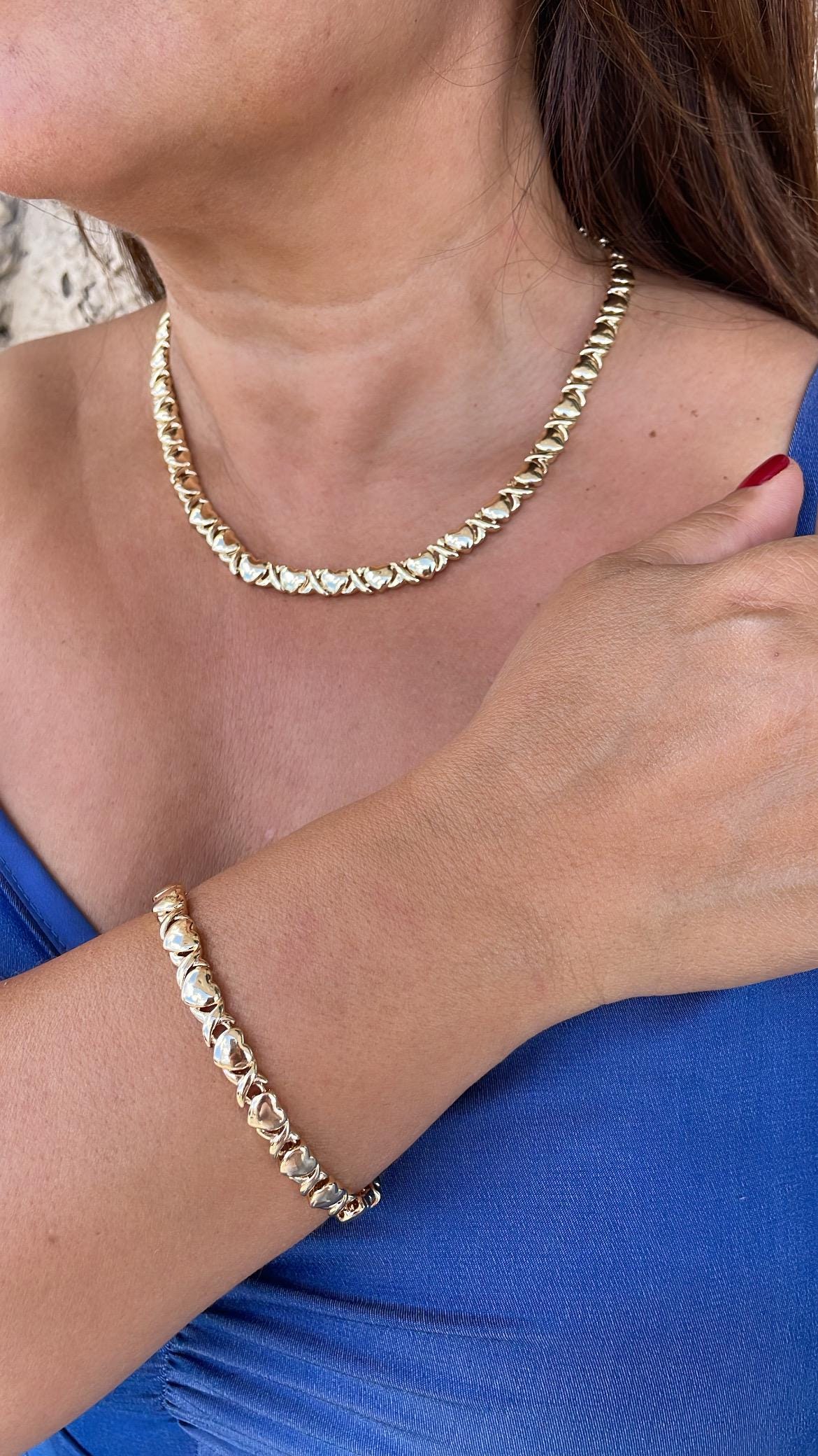 18k Gold Filled Heart Shape XOXO Set of Bracelet and Necklace Available in Gold, Silver or Tricolor - Gold, Rose Gold and Silver