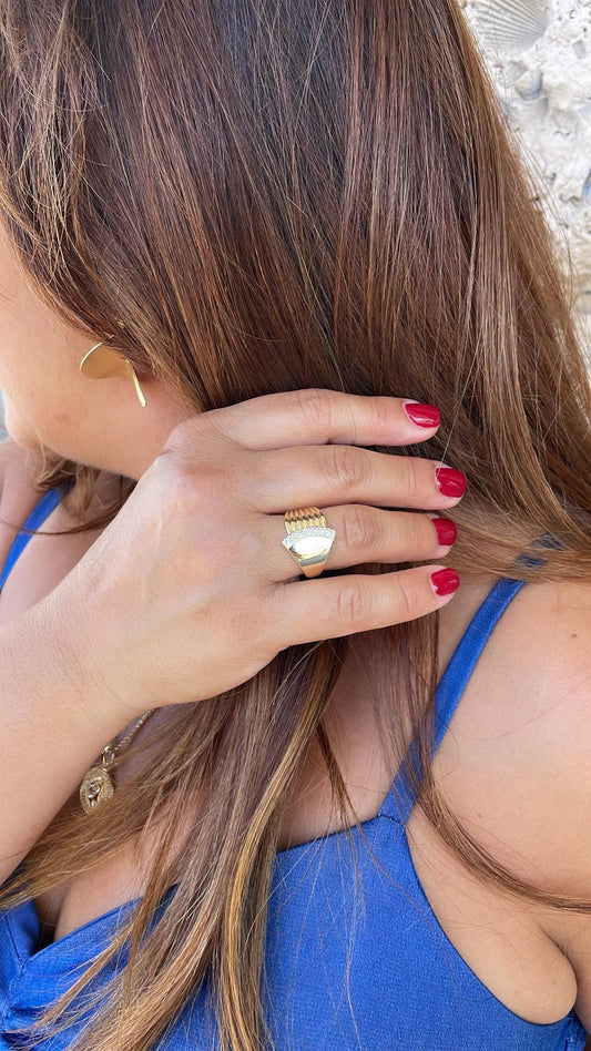 18k Gold Filled Half Patterned Ring with Round Cut CZ