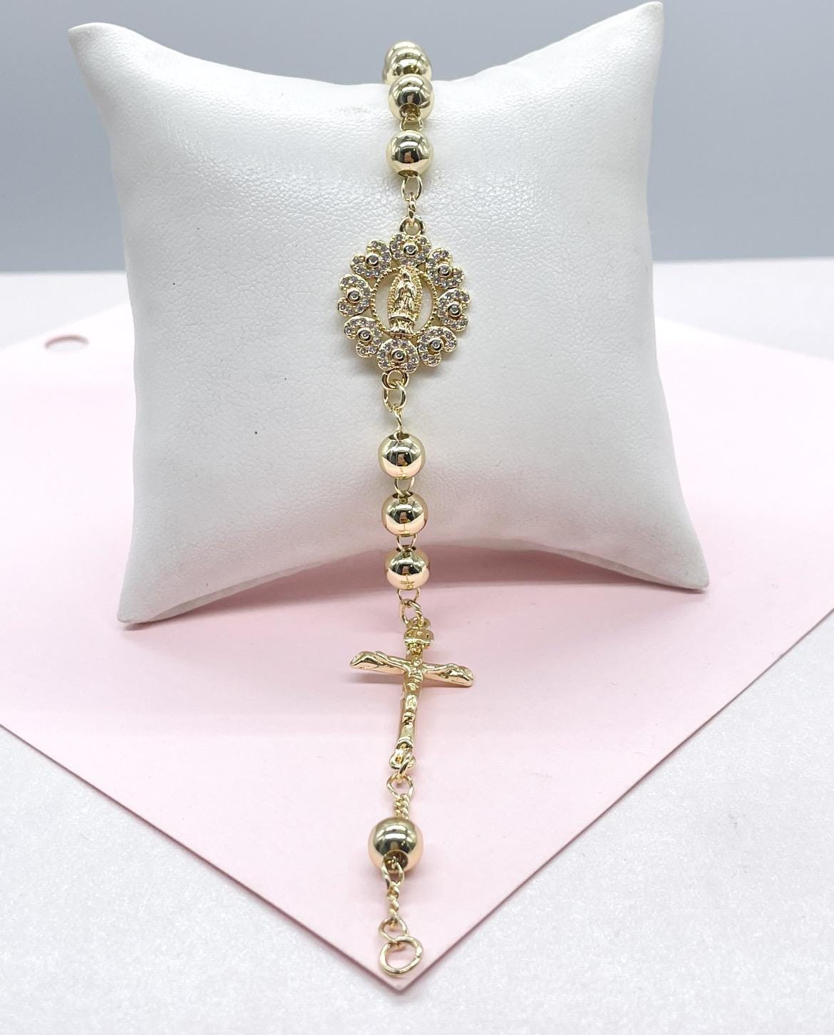18k Gold Filled Rosary Bracelet: Virgin Mary, Jesus Crucifix, CZ Medal