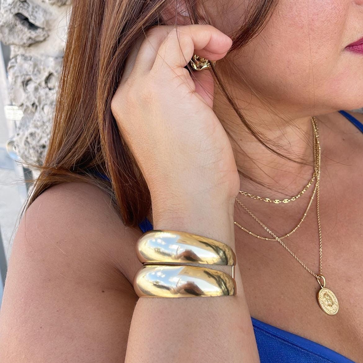 18k Gold Filled Plain Double Row Cuff Bracelet, Hollowed, Trending Now