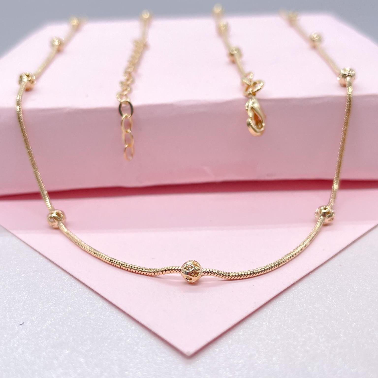 18k Gold Filled 1mm Satellite Snake Chain with Hollow Beads Attached
