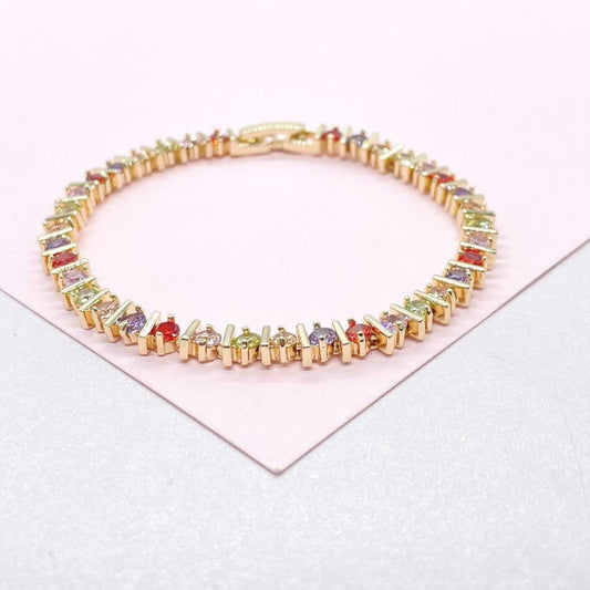 18k Gold Filled Colorful Round Stone Bracelet Patterned with Gold Bars