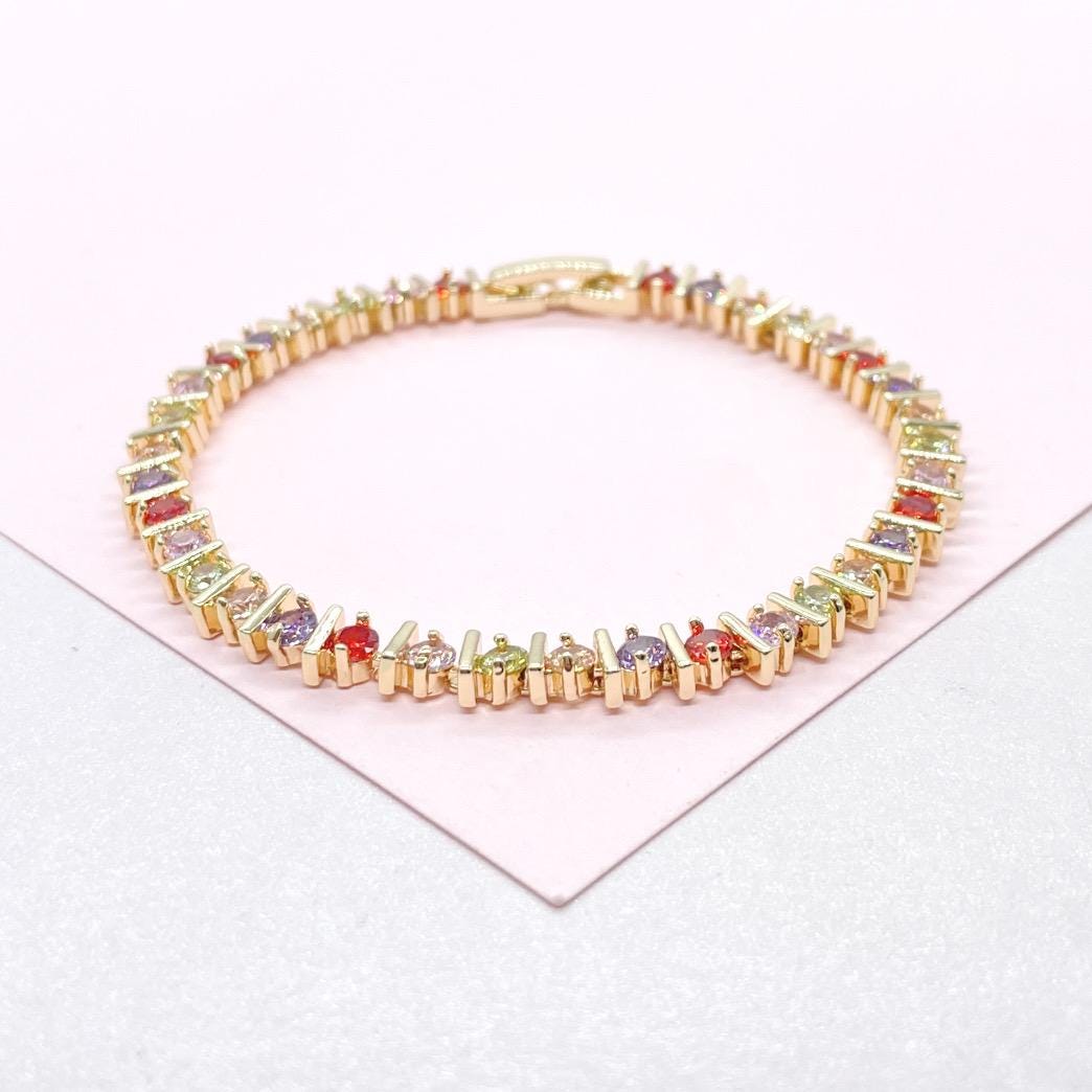 18k Gold Filled Colorful Round Stone Bracelet Patterned with Gold Bars