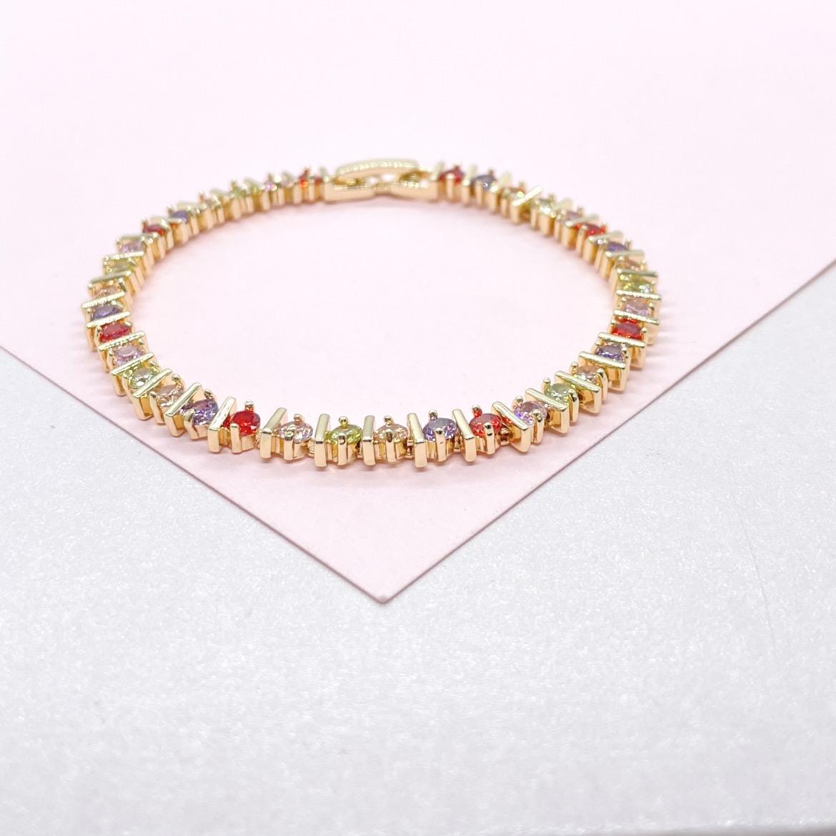 18k Gold Filled Colorful Round Stone Bracelet Patterned with Gold Bars