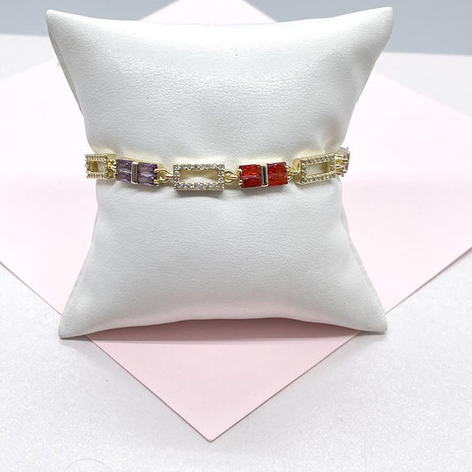 18k Gold Filled Rectangle Link Bracelet with Colorful Beveled Baguette CZ