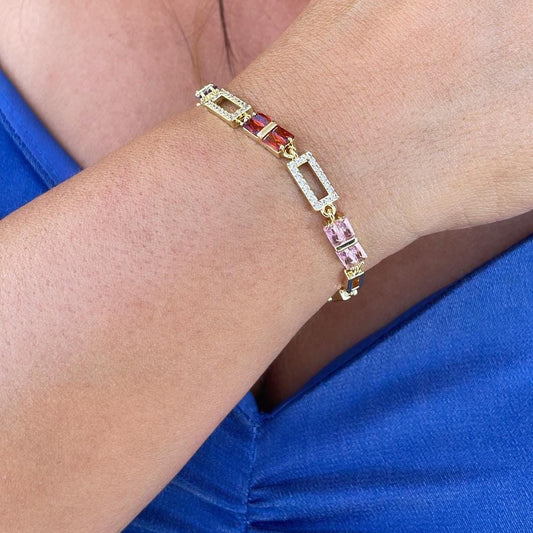 18k Gold Filled Rectangle Link Bracelet with Colorful Beveled Baguette CZ