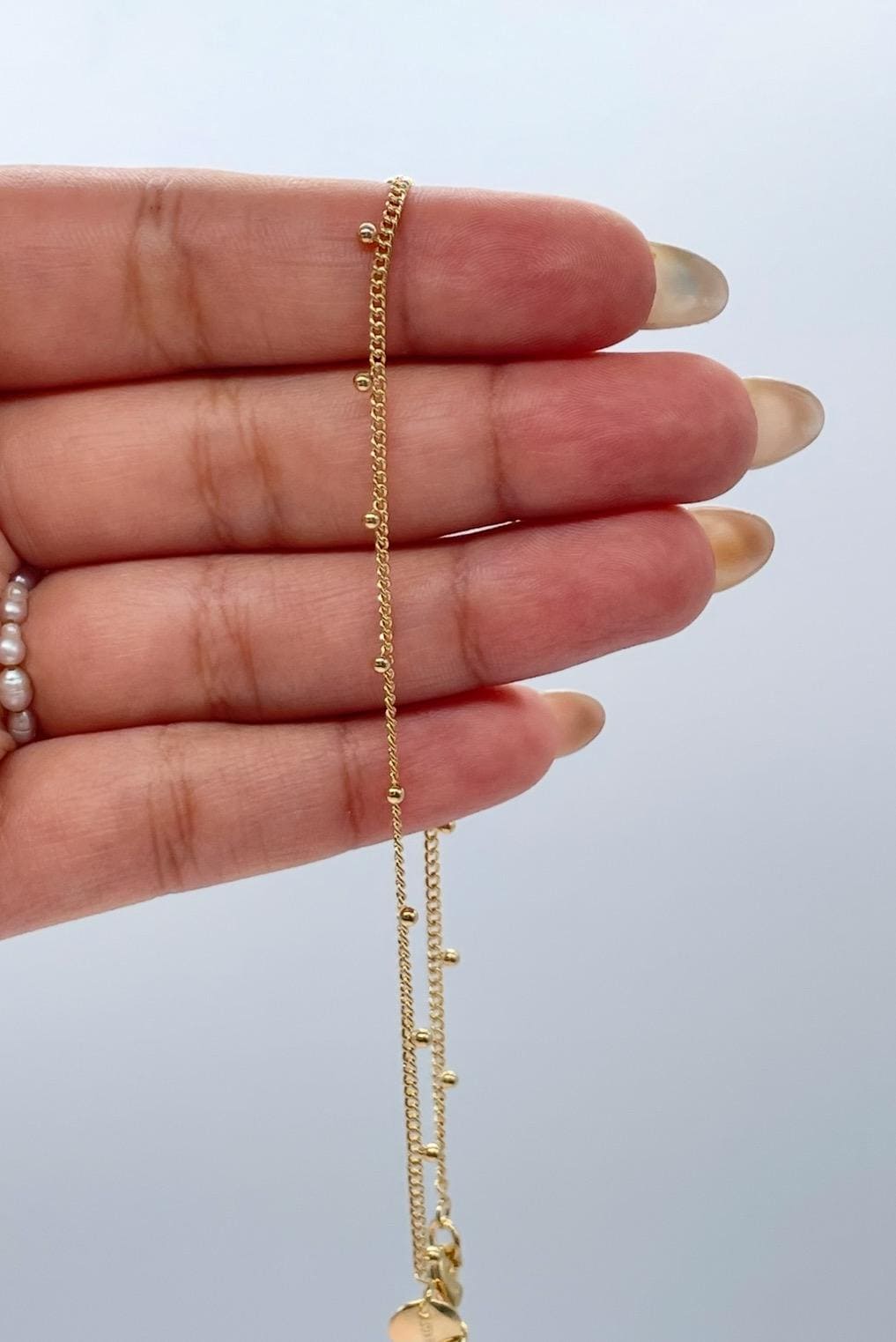 18k Gold Filled Curb Chain Satellite Anklet with Hanging Bead