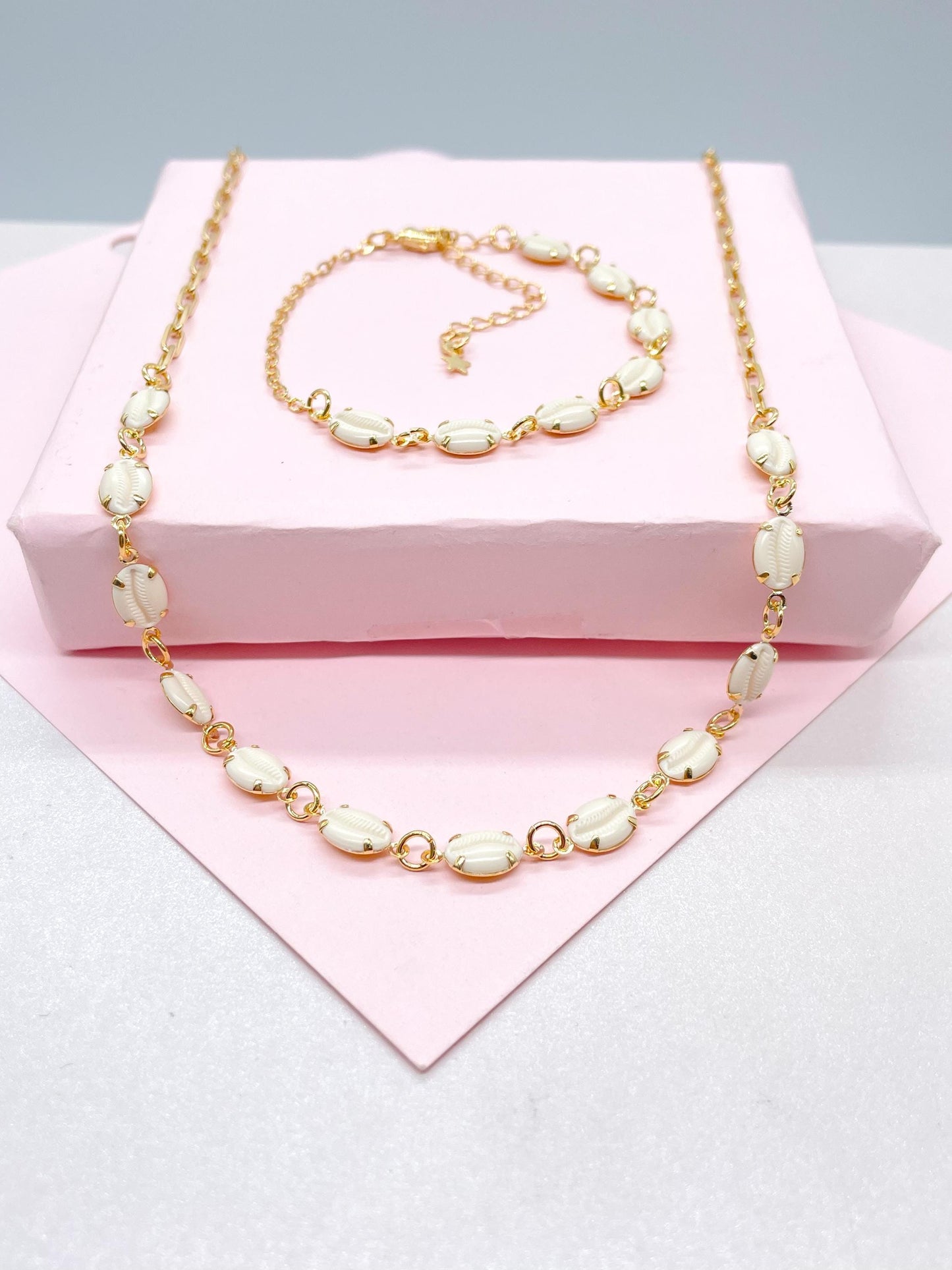 18k Gold Filled Dainty Choker Chain and Bracelet with Cowrie Puka Shell Charms