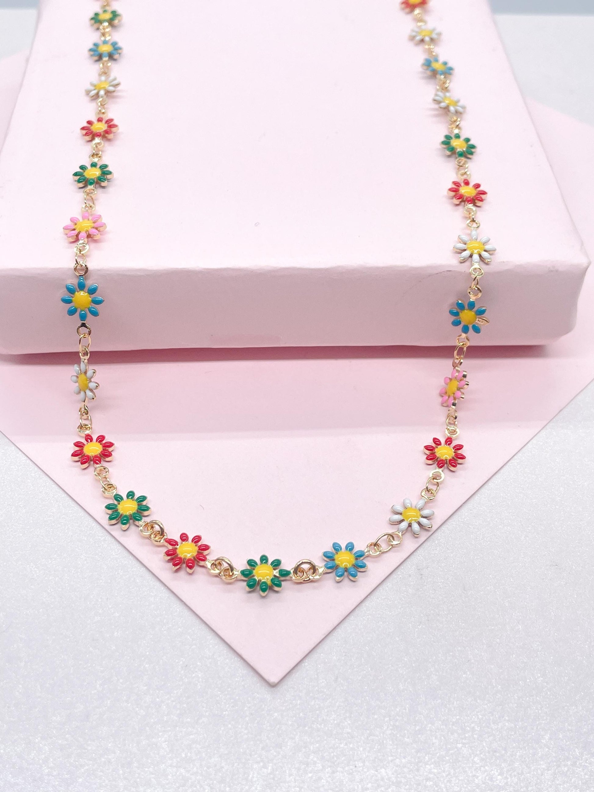 18k Gold Filled Colorful Enamel Multicolored Flower-Patterned Necklace, Summer Jewlery Nature Jewlery, For Her, For Girl