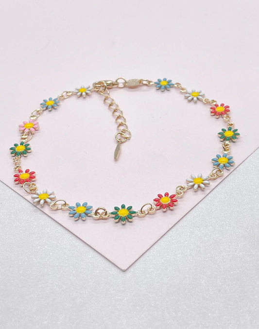 18k Gold Filled Colorful Enamel Multicolored Flower-Patterned Anklet, Summer Jewlery Nature Jewlery, For Her, For Girl