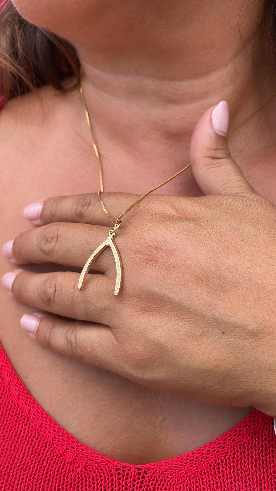 18k Gold Filled Box Chain Necklace With Minimalistic Luck Bone Pendant Design, Wishbone