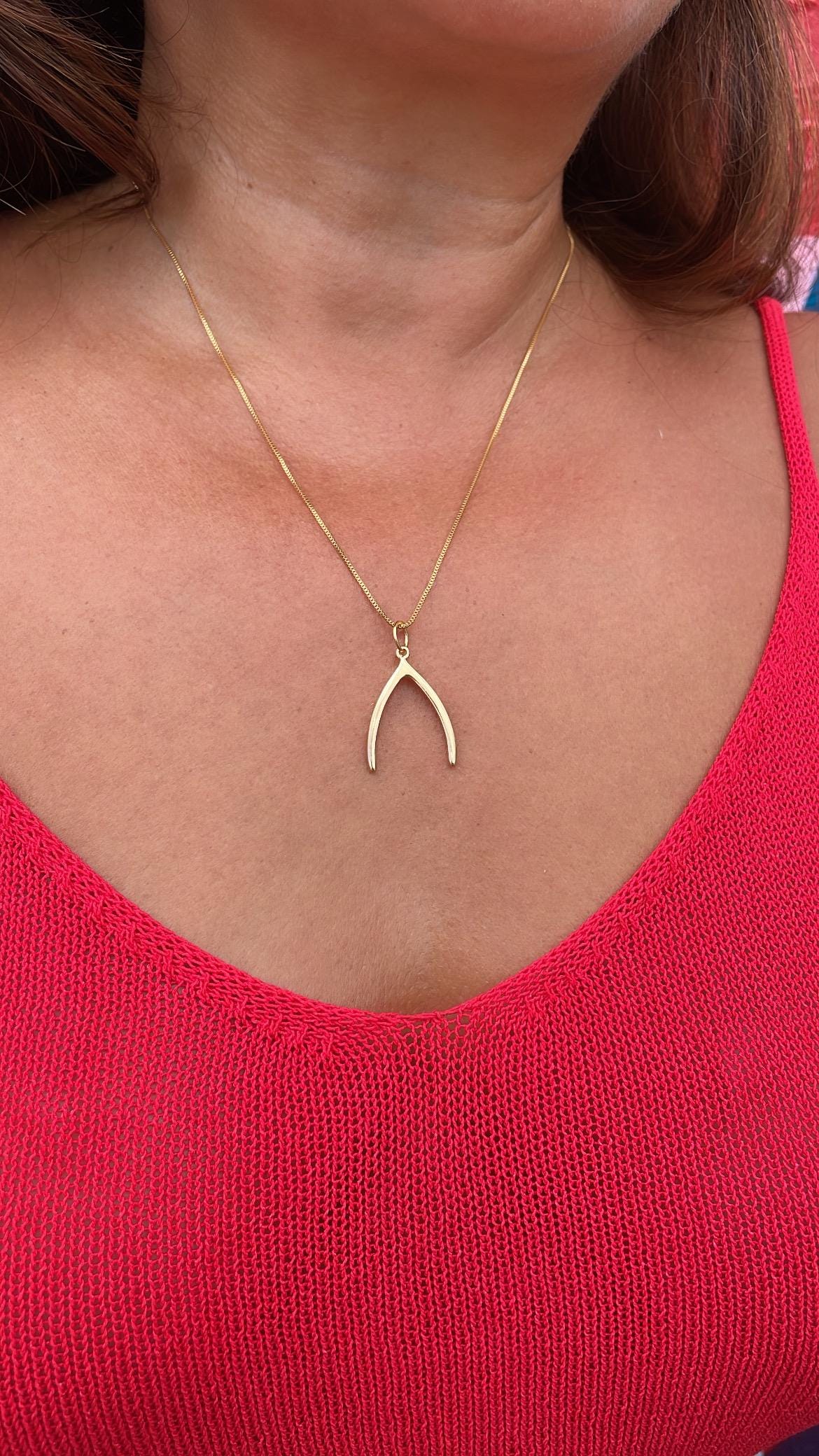 18k Gold Filled Box Chain Necklace With Minimalistic Luck Bone Pendant Design, Wishbone