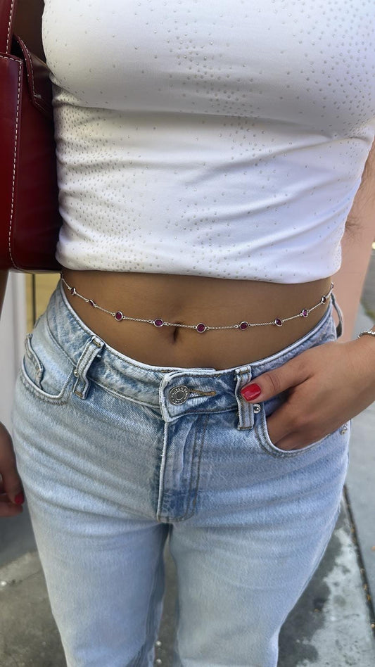 Silver Filled Dainty Curb Link Waist Chain With Purple Color Amethyst Simulated Beveled Stones