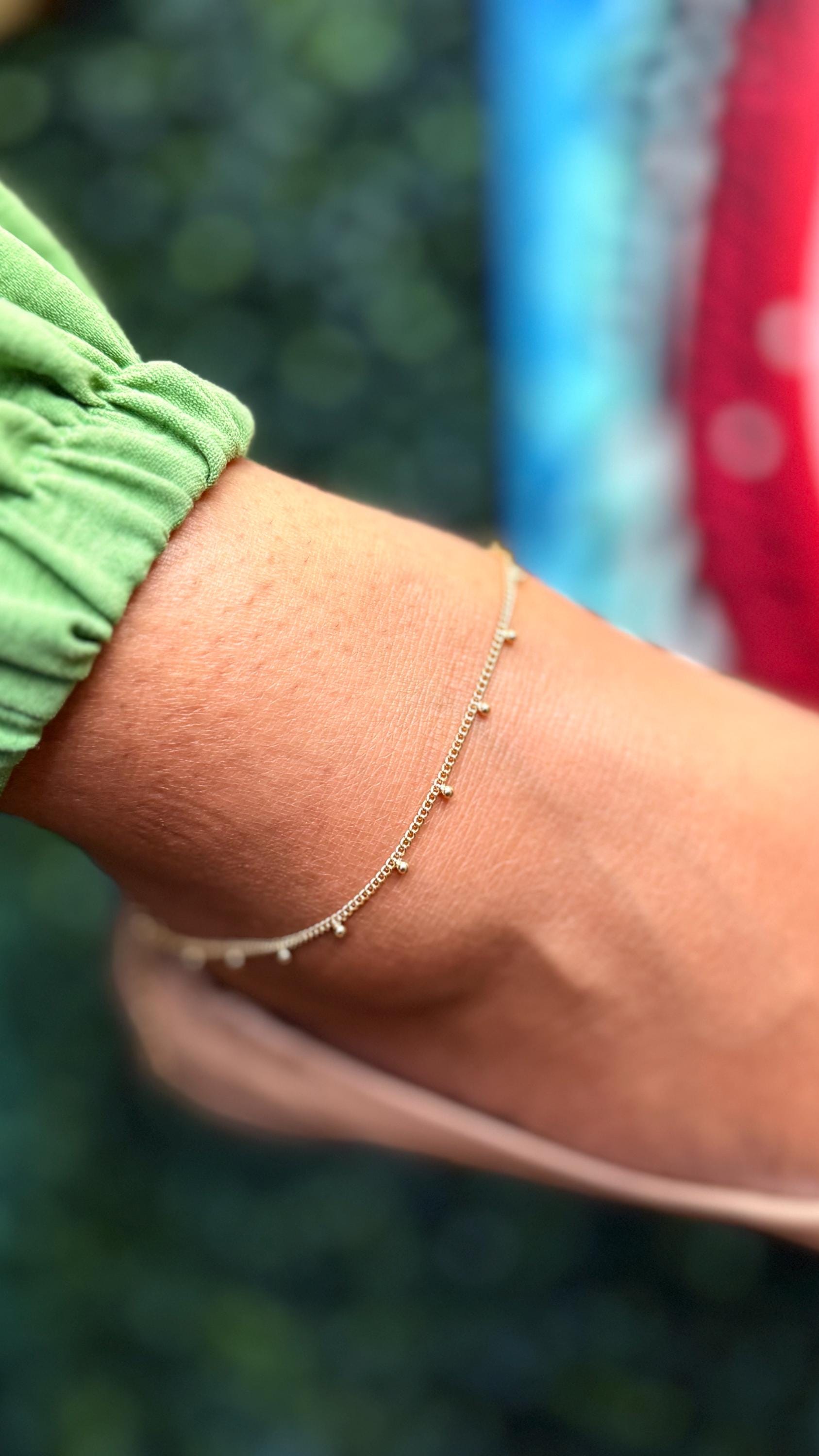 18k Gold Filled Curb Chain Satellite Anklet with Hanging Bead