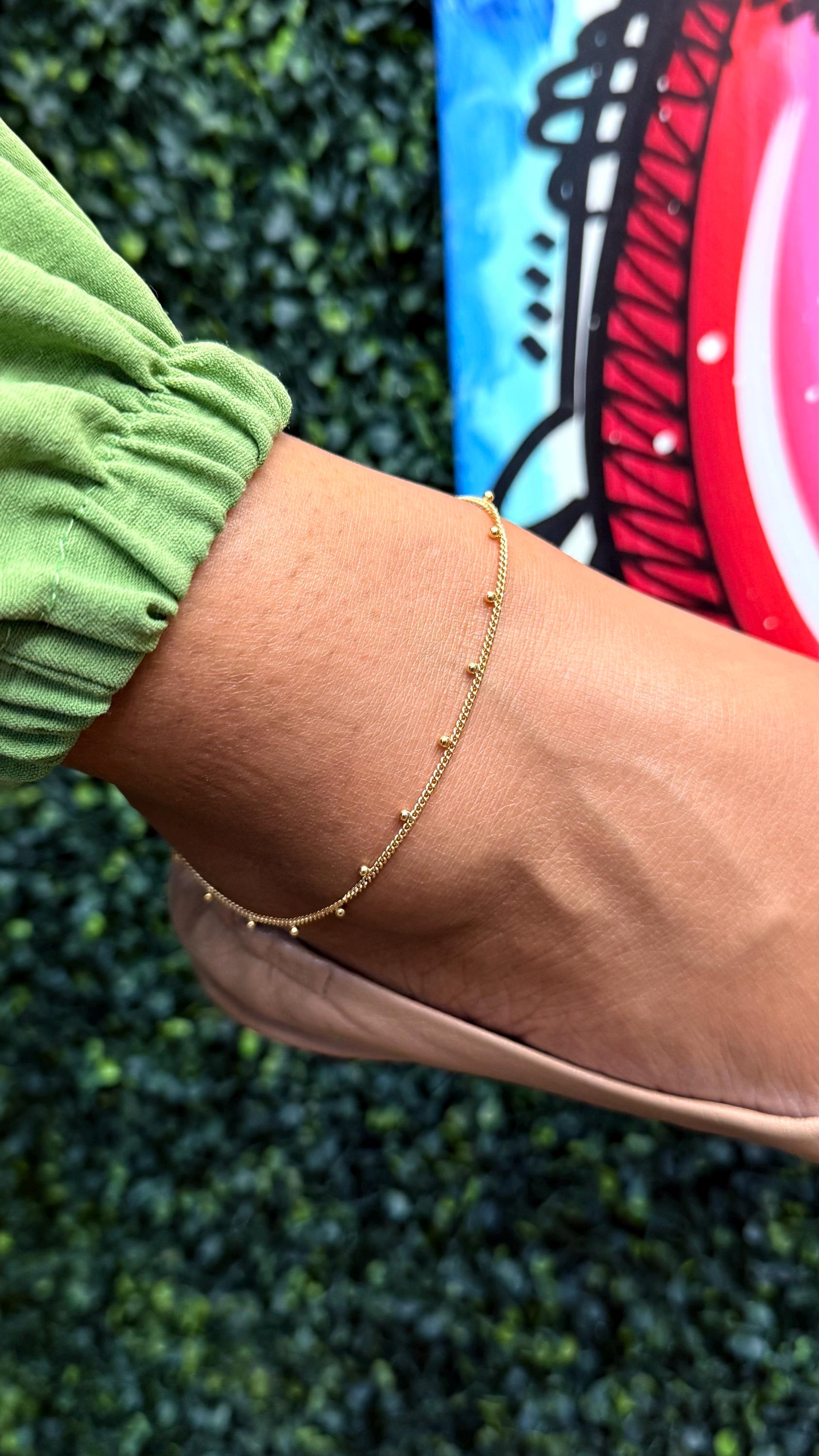 18k Gold Filled Curb Chain Satellite Anklet with Hanging Bead