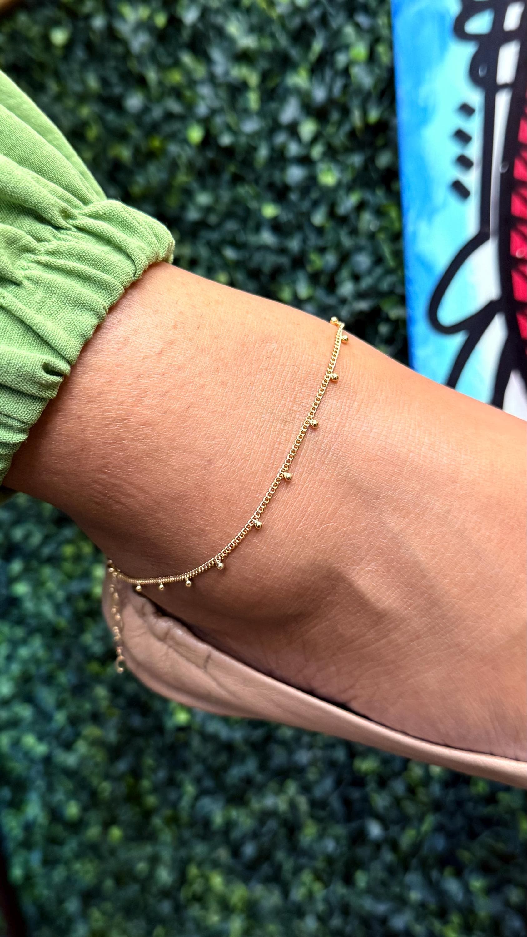 18k Gold Filled Curb Chain Satellite Anklet with Hanging Bead