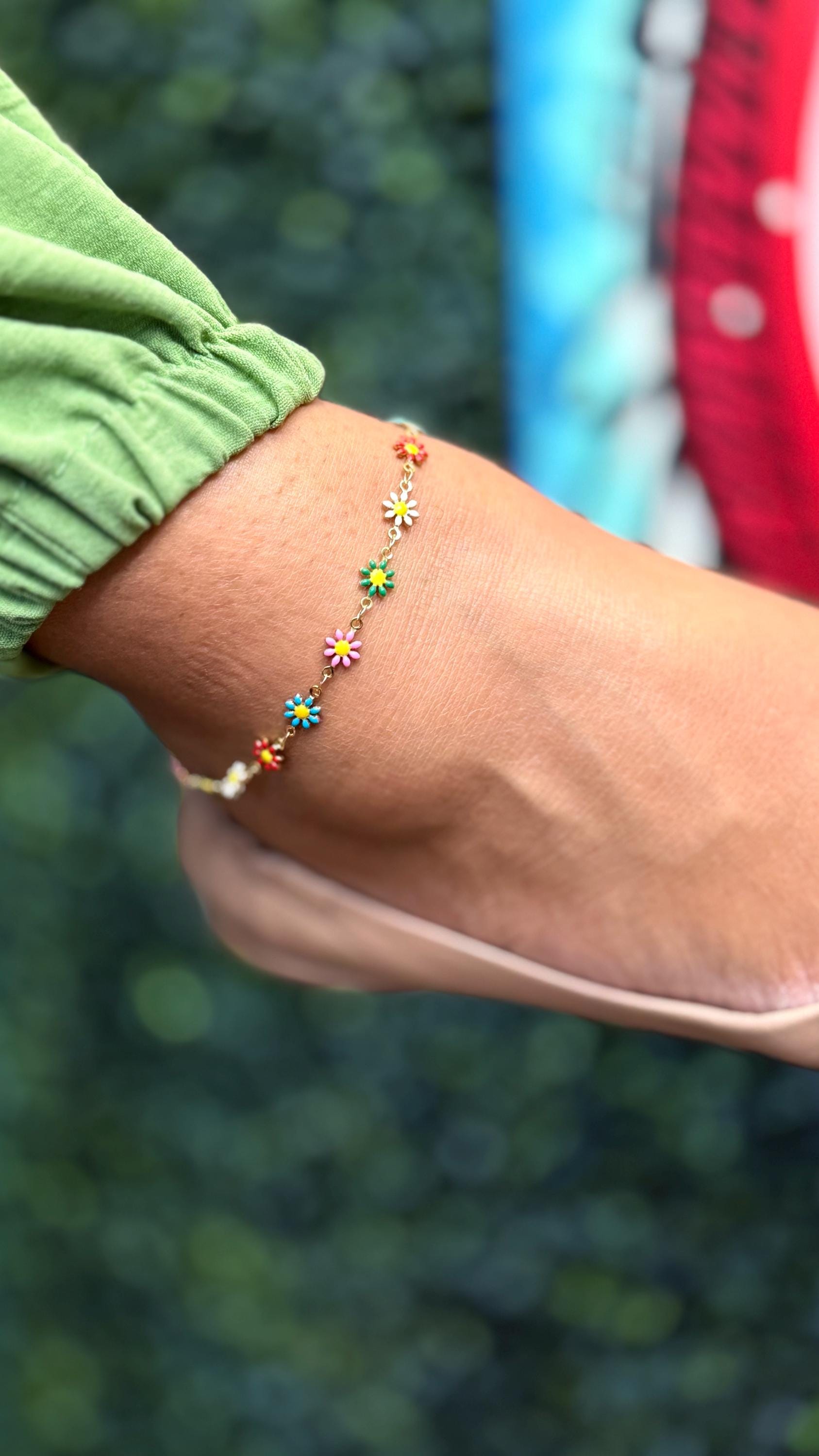 18k Gold Filled Colorful Enamel Multicolored Flower-Patterned Anklet, Summer Jewlery Nature Jewlery, For Her, For Girl