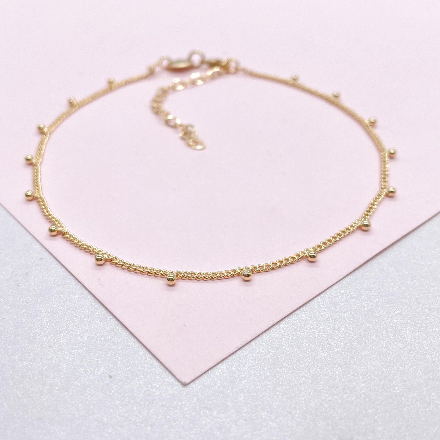 18k Gold Filled Curb Chain Satellite Anklet with Hanging Bead
