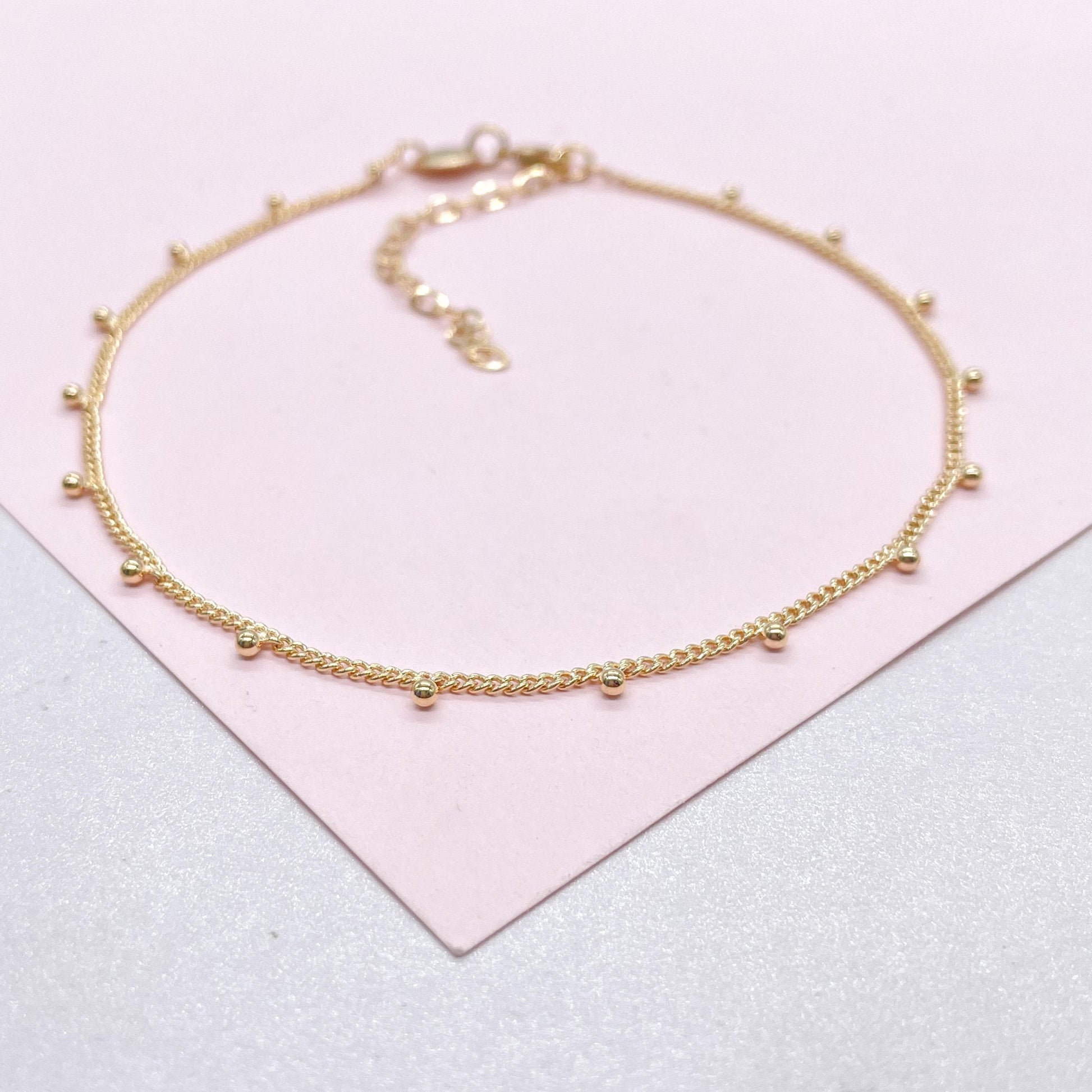 18k Gold Filled Curb Chain Satellite Anklet with Hanging Bead