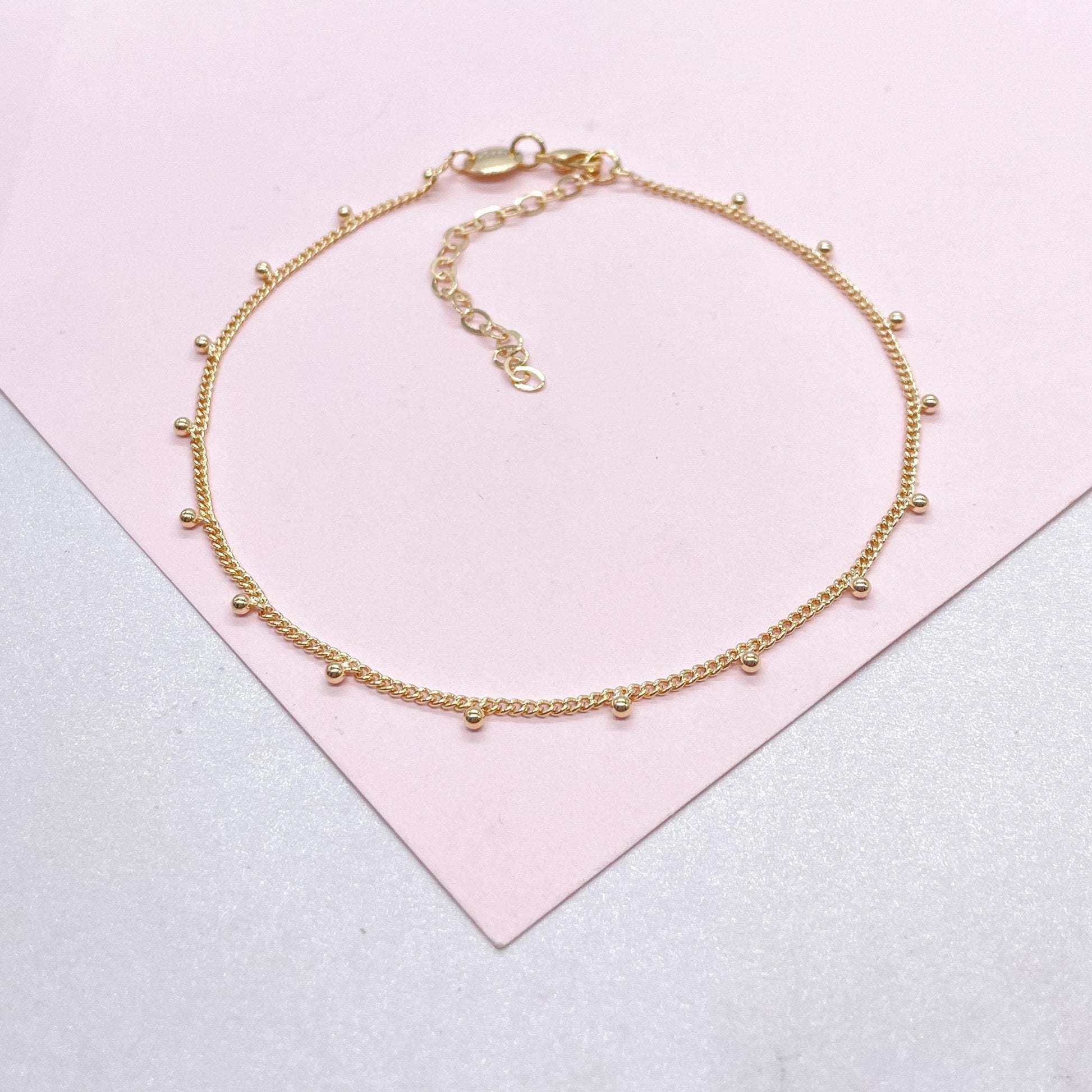 18k Gold Filled Curb Chain Satellite Anklet with Hanging Bead
