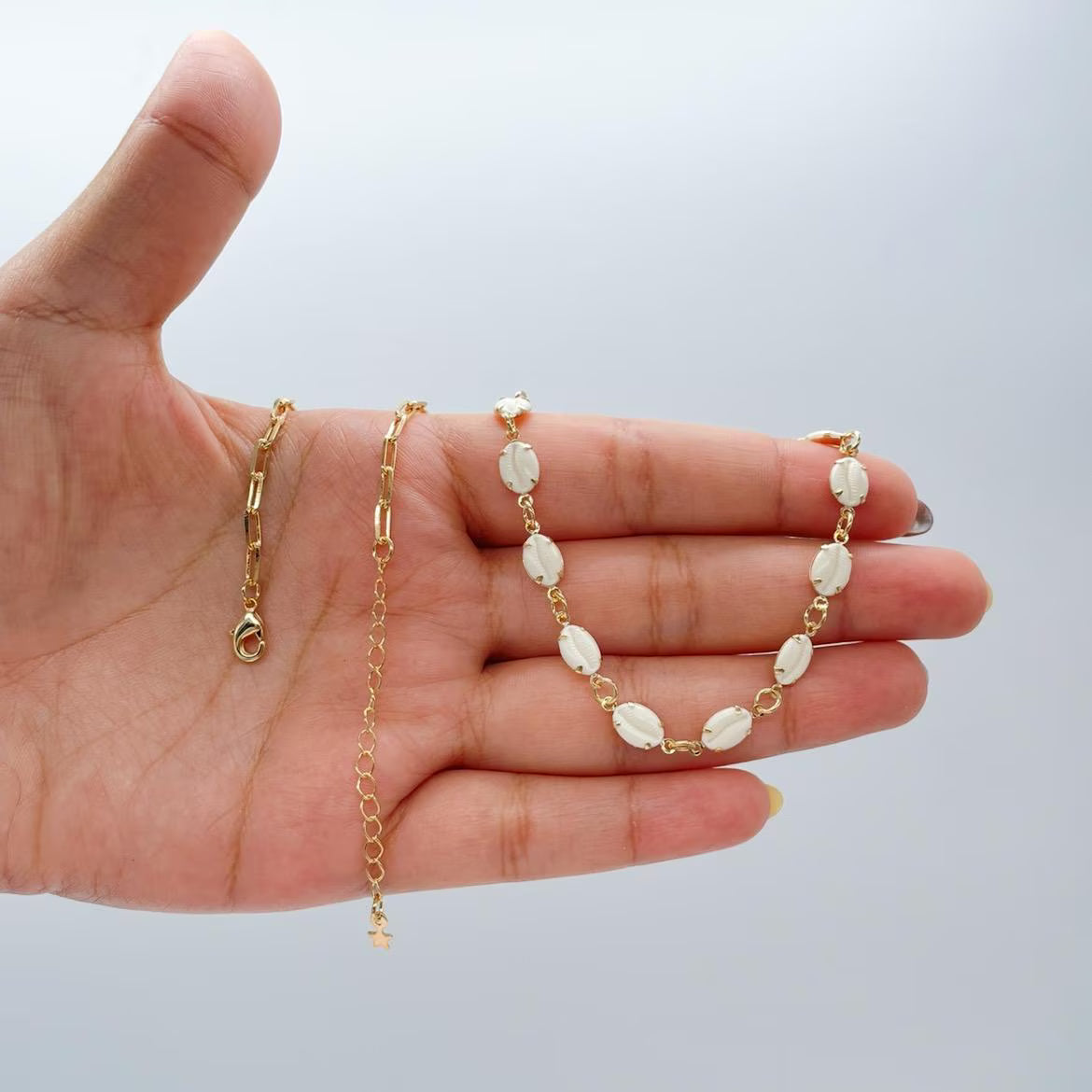 18k Gold Filled Dainty Choker Chain and Bracelet with Cowrie Puka Shell Charms