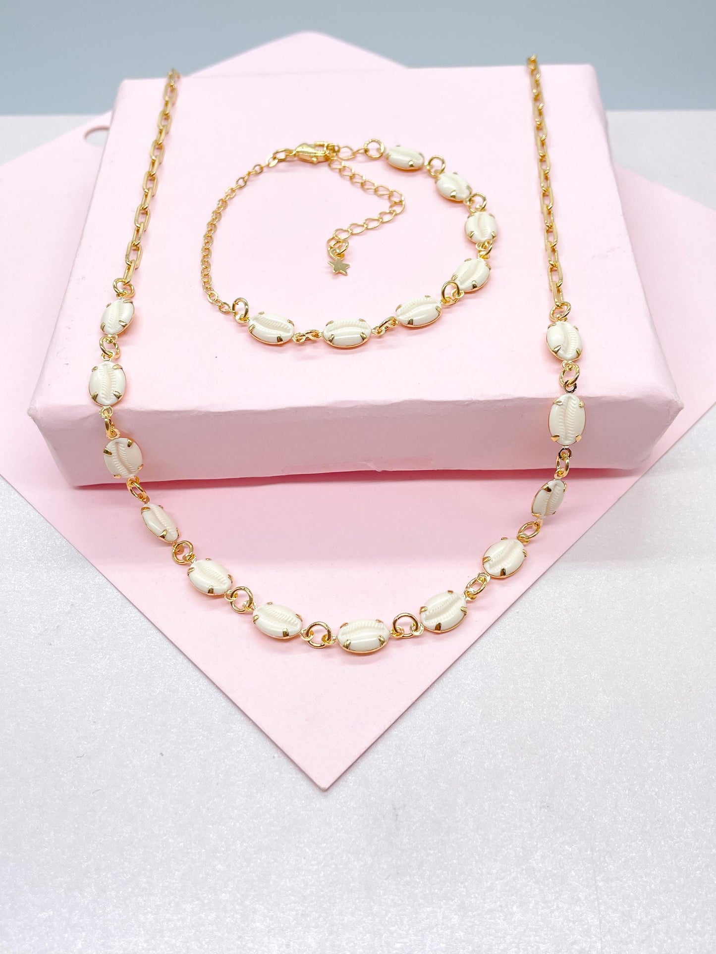 18k Gold Filled Dainty Choker Chain and Bracelet with Cowrie Puka Shell Charms