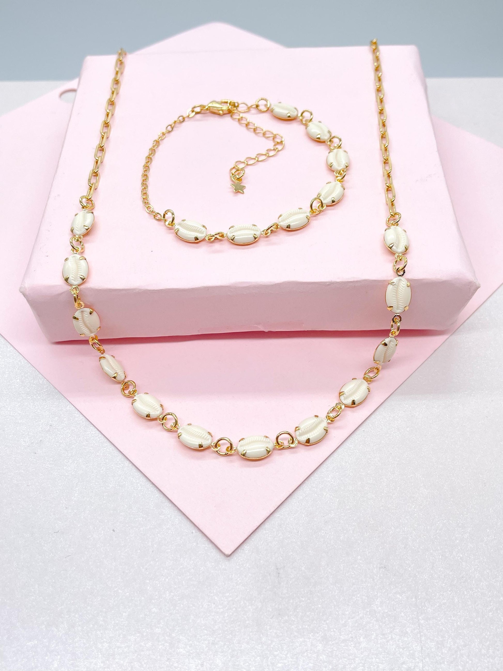 18k Gold Filled Dainty Choker Chain and Bracelet with Cowrie Puka Shell Charms