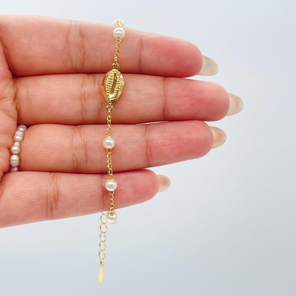 18k Gold Filled Pearl Beaded Bracelet with Gold Cowrie Puka Shell Charm