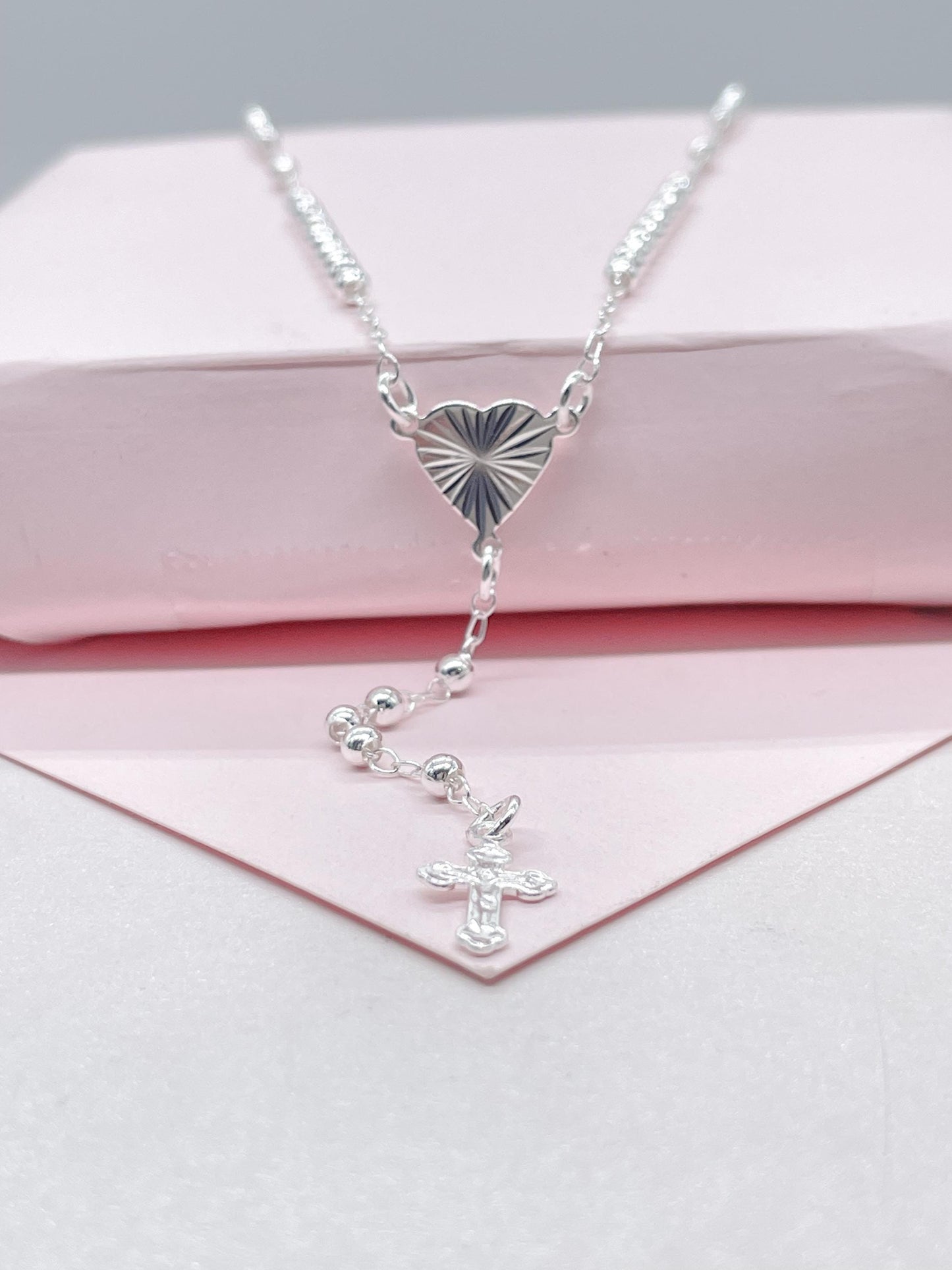 Silver Filled Dainty Rosary with sparkle Heart Center Crucifix Cross