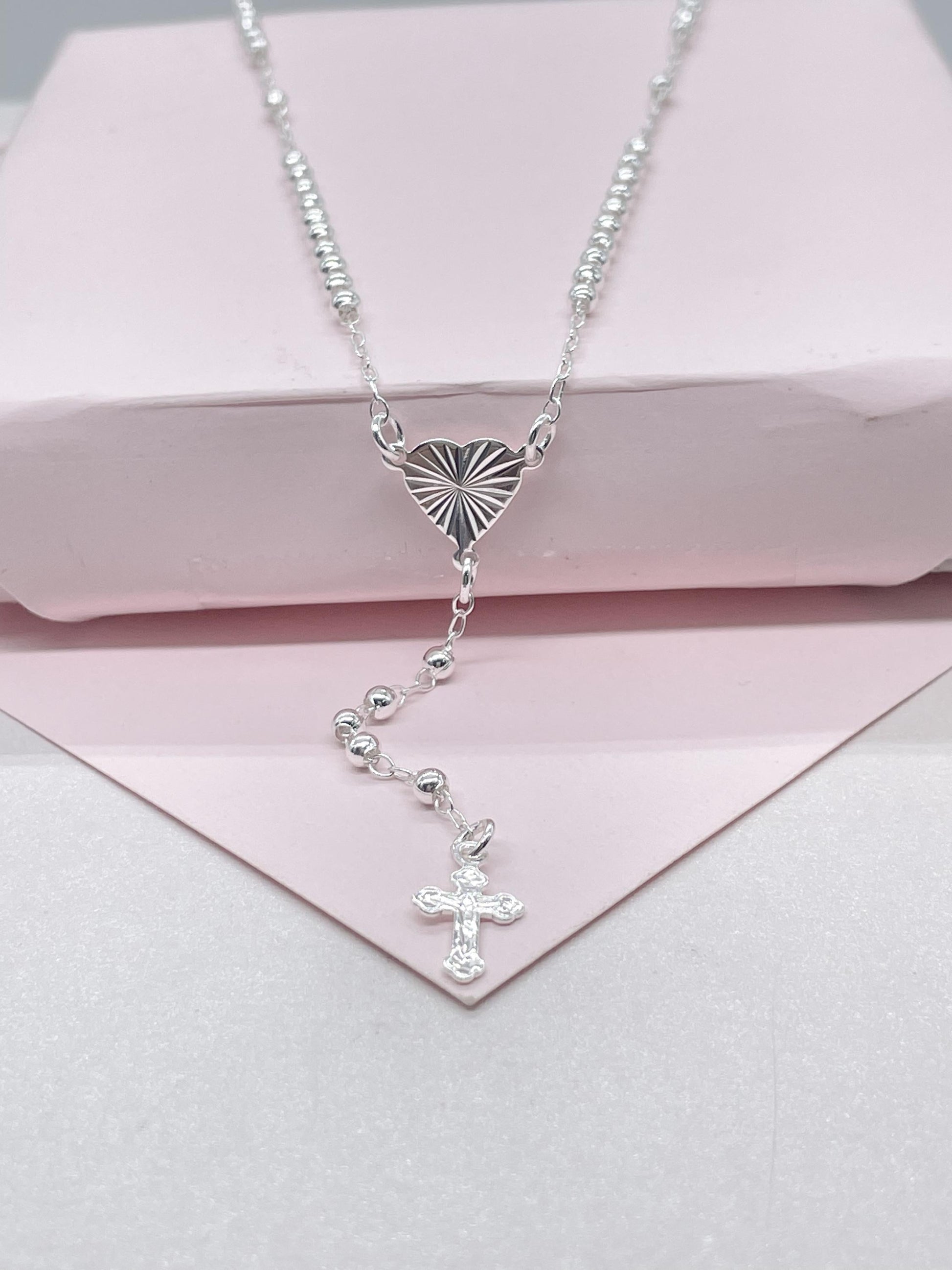 Silver Filled Dainty Rosary with sparkle Heart Center Crucifix Cross