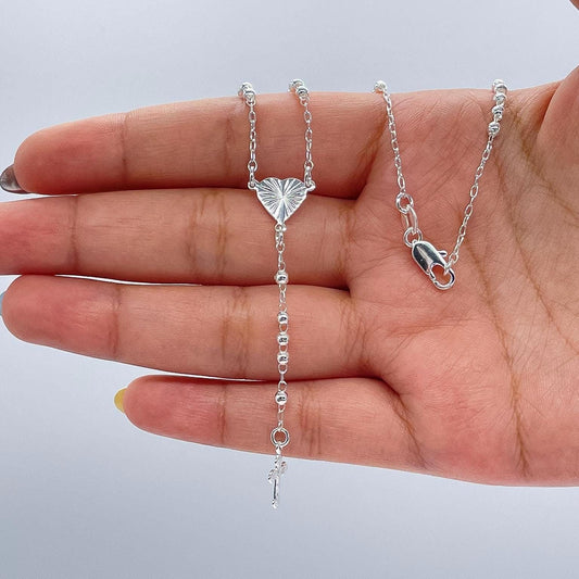 Silver Filled Dainty Rosary with sparkle Heart Center Crucifix Cross