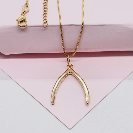 18k Gold Filled Box Chain Necklace With Minimalistic Luck Bone Pendant Design, Wishbone